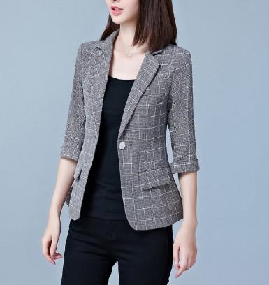 3/4 Sleeve Grid Print Lapel Casual Blazer