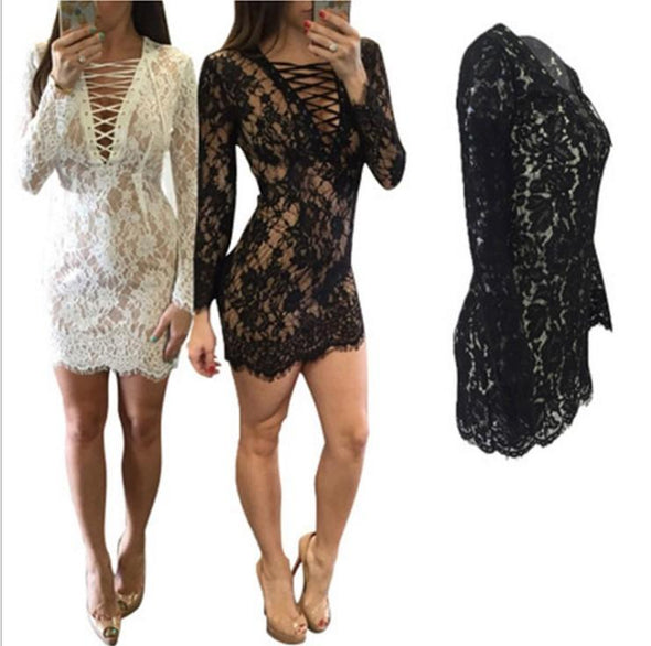 Cross Bandage Openwork V- neck Long Sleeve Bodycon Dresses