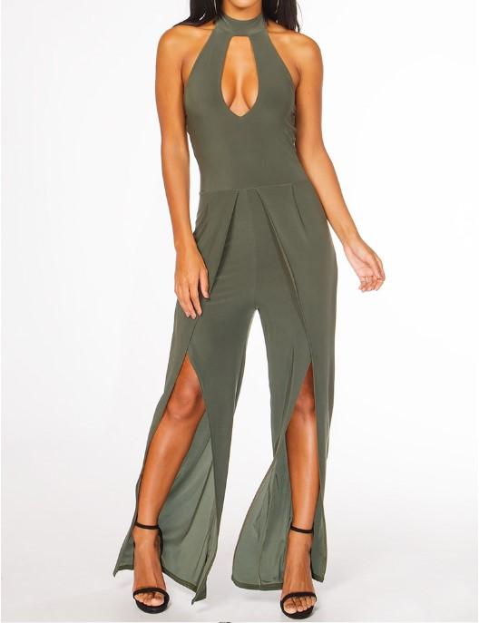 Bandage Back Open Solid Color Split Jumpsuits