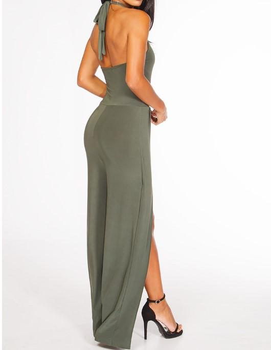 Bandage Back Open Solid Color Split Jumpsuits