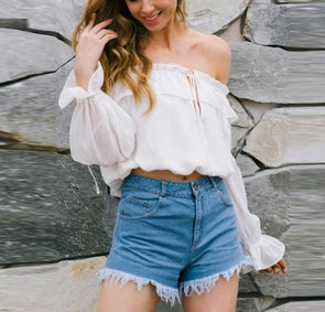 Chiffon Flounced Spilt Bandage Off Shoulder Long Sleeve Blouses