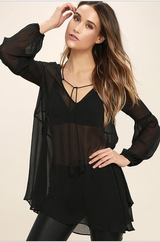 Chiffon Bandage Perspective Solid Color Long Sleeve Blouses