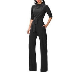 3/4 Sleeve High Neck Collar Solid Color Long Jumpsuits