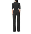 3/4 Sleeve High Neck Collar Solid Color Long Jumpsuits