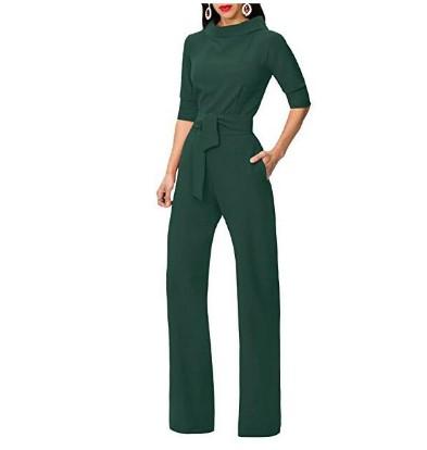 3/4 Sleeve High Neck Collar Solid Color Long Jumpsuits