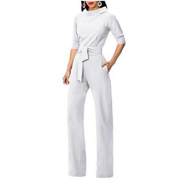 3/4 Sleeve High Neck Collar Solid Color Long Jumpsuits