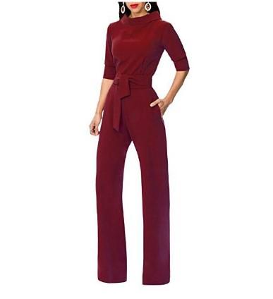 3/4 Sleeve High Neck Collar Solid Color Long Jumpsuits