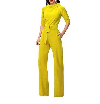 3/4 Sleeve High Neck Collar Solid Color Long Jumpsuits