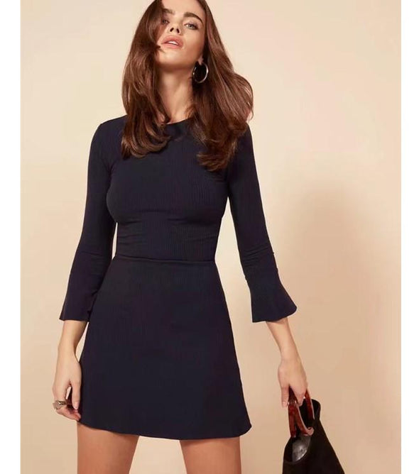 3/4 Sleeve Knitting Round Neck High Waist Skater Dresses