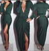 Cotton Fold V- neck Long Sleeve Bodycon Dresses