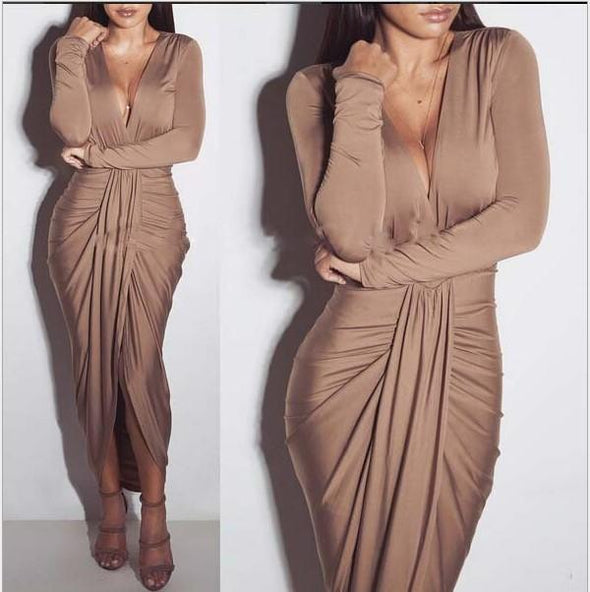 Cotton Fold V- neck Long Sleeve Bodycon Dresses