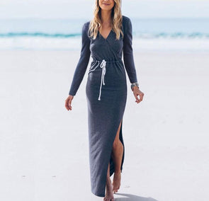 Bandage V- neck Long Sleeve Maxi Bodycon Dresses