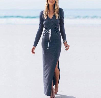 Bandage V- neck Long Sleeve Maxi Bodycon Dresses