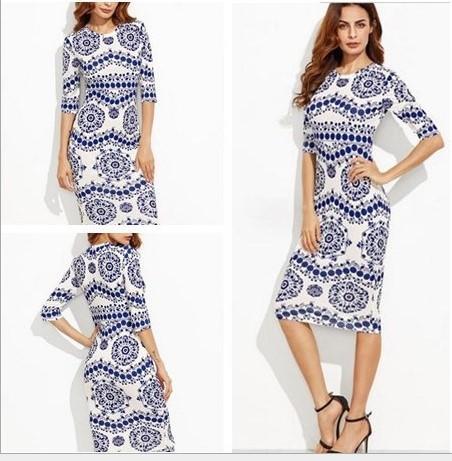 Celadon Print 3/4  Sleeve Round Neck Bodycon Dresses