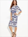 Celadon Print 3/4  Sleeve Round Neck Bodycon Dresses