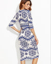 Celadon Print 3/4  Sleeve Round Neck Bodycon Dresses