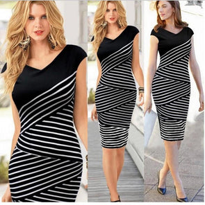 Black and White Stripe V- neck Sleeveless Bodycon Dresses