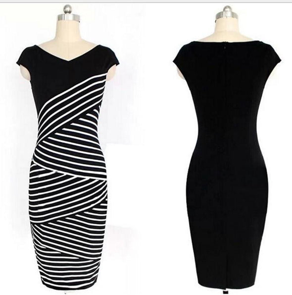 Black and White Stripe V- neck Sleeveless Bodycon Dresses