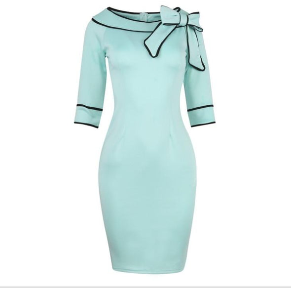 Bowknot Round Neck 3/4  Sleeve Bodycon Dresses