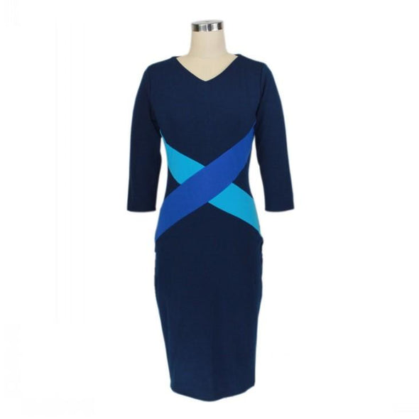 Cross Hit Color 3/4  Sleeve V- neck Bodycon Dresses