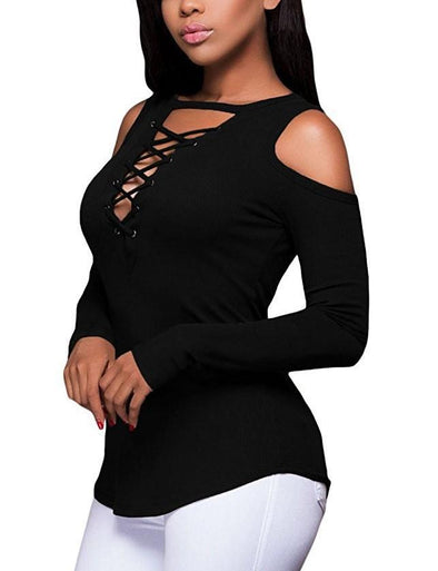 Cross Bandage Strapless Shoulder Long Sleeve T-shirts