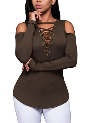 Cross Bandage Strapless Shoulder Long Sleeve T-shirts