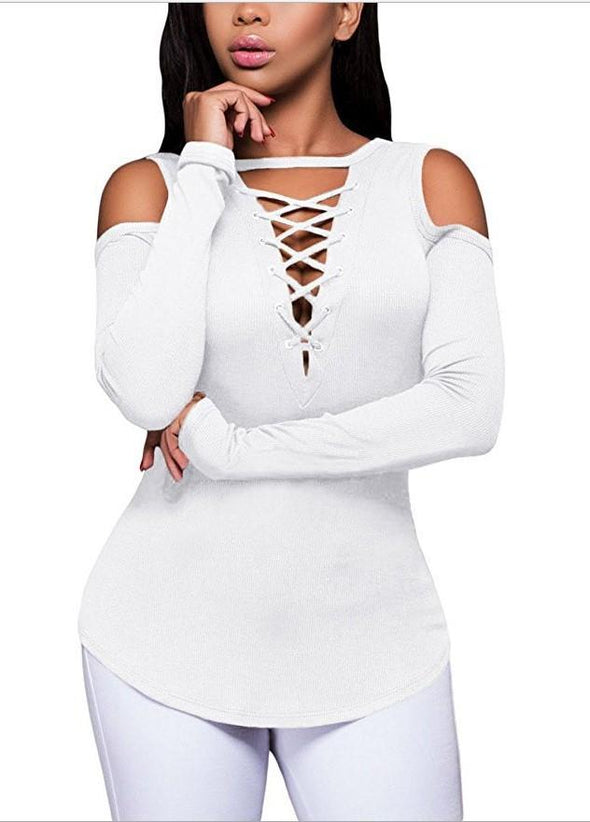 Cross Bandage Strapless Shoulder Long Sleeve T-shirts