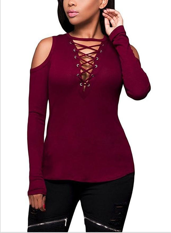 Cross Bandage Strapless Shoulder Long Sleeve T-shirts