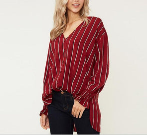 Chiffon Stripe V- neck Single-breasted Long Sleeve Shirt