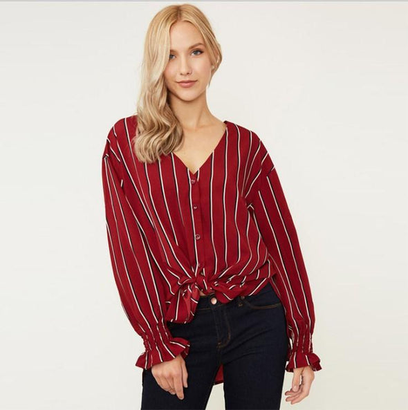 Chiffon Stripe V- neck Single-breasted Long Sleeve Shirt