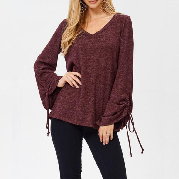 Bandage Solid Color V- neck Bell Sleeve Tops