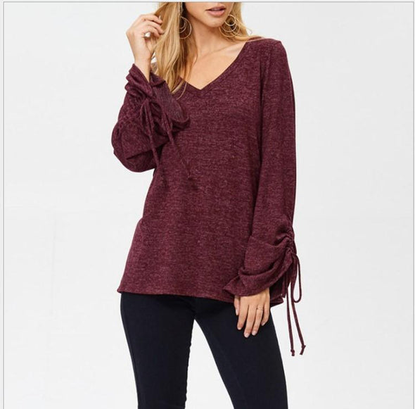 Bandage Solid Color V- neck Bell Sleeve Tops