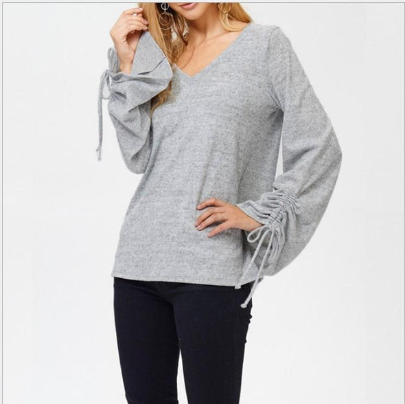 Bandage Solid Color V- neck Bell Sleeve Tops