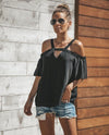 Chiffon Spaghetti Straps V- neck Short Sleeve Blouses