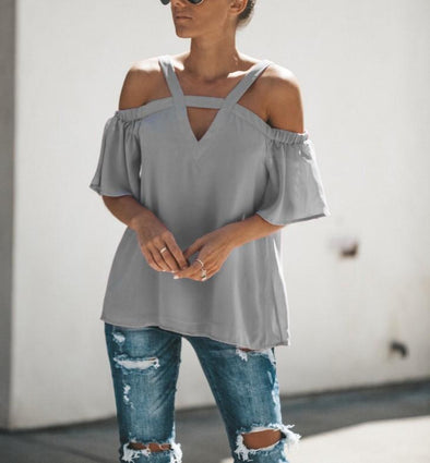 Chiffon Spaghetti Straps V- neck Short Sleeve Blouses