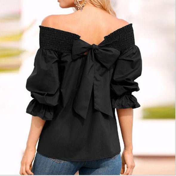 Bowknot Bandage Off Shoulder 3/4  Sleeve Blouses