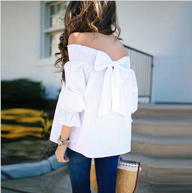 Bowknot Bandage Off Shoulder 3/4  Sleeve Blouses