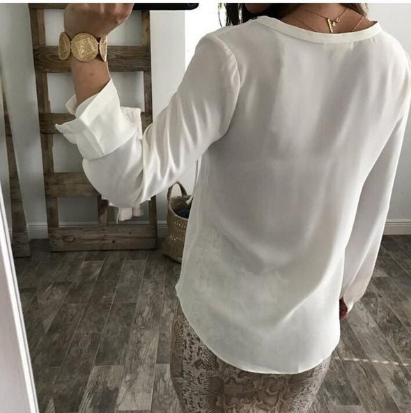 Chiffon Cross Bandage Flounced V- neck Blouses