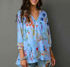 Chiffon Print 3/4  Sleeve V- neck Blouses