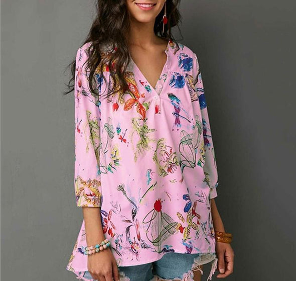 Chiffon Print 3/4  Sleeve V- neck Blouses