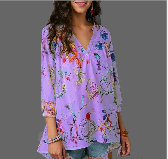 Chiffon Print 3/4  Sleeve V- neck Blouses