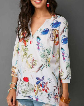 Chiffon Print 3/4  Sleeve V- neck Blouses