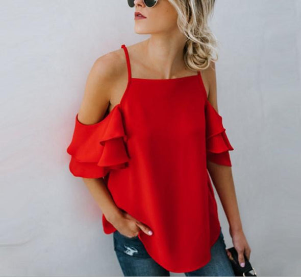 Chiffon Spaghetti Straps Lotus Leaf Sleeve Blouses