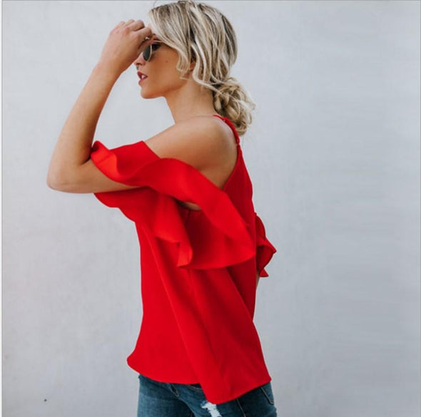 Chiffon Spaghetti Straps Lotus Leaf Sleeve Blouses