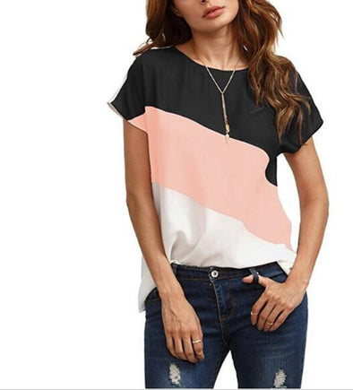 Chiffon Hit Color Patchwork Round Neck T-shirts