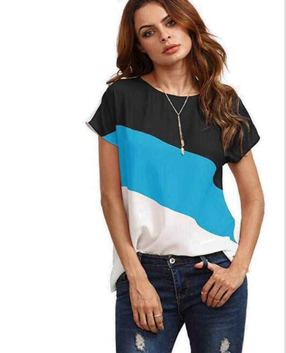 Chiffon Hit Color Patchwork Round Neck T-shirts