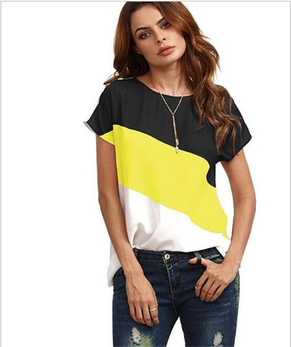 Chiffon Hit Color Patchwork Round Neck T-shirts