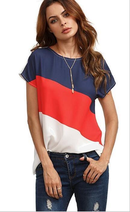 Chiffon Hit Color Patchwork Round Neck T-shirts