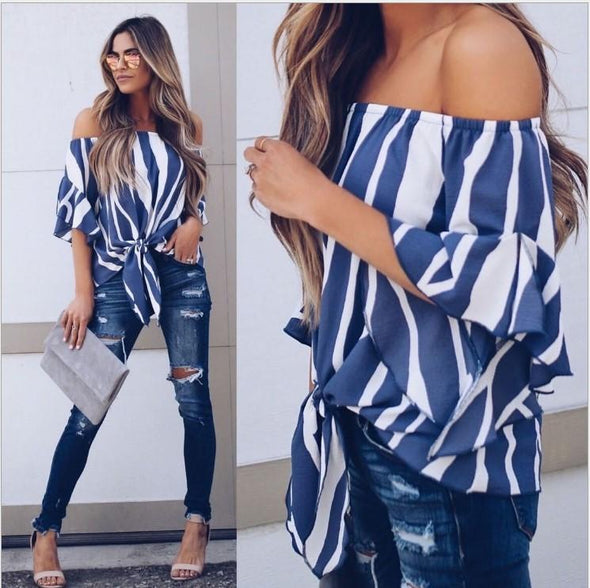 Chiffon Bandage Stripe Off Shoulder Loose Blouses