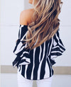 Chiffon Bandage Stripe Off Shoulder Loose Blouses